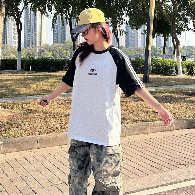 抖音得物品质二开240克宽松纯棉美式潮牌插肩三杠织带短袖T恤,男装T恤,电商A486-1