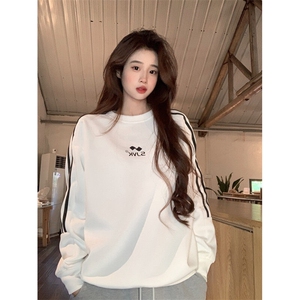 EE086-P65卫衣男女情侣薄款2024潮设计感条纹圆领韩版上衣200斤图片