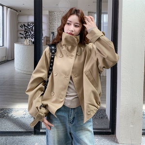 时髦酷飒风高级感风衣外套女2025秋季日系双排扣百搭立领短款上衣图片