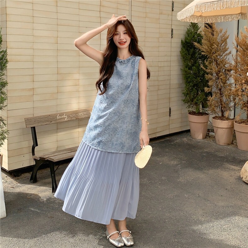 蓝色提花拼接连衣裙女2025夏季新款法式温柔风独特绝美无袖背心裙,女装连衣裙,2D045