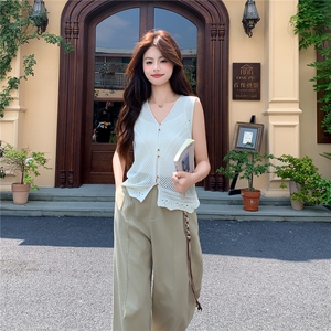2026针织上衣+设计感杏色高腰阔腿裤女夏版型超好宽松垂感套装图片