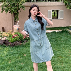 POLO领牛仔连衣裙女夏2024年新款港风宽松显瘦小个子减龄连衣裙，女装连衣裙，辉之琳