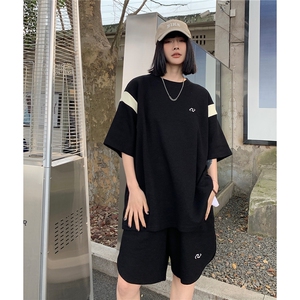 情侣装夏装新款华夫格撞色拼接套装男女宽松半袖T恤潮 D295 P68图片
