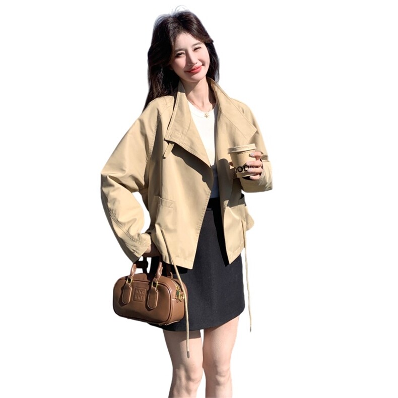 卡其色超好看立领风衣外套女春秋2026新款韩系减龄甜酷风休闲上衣,女装短外套,2C159