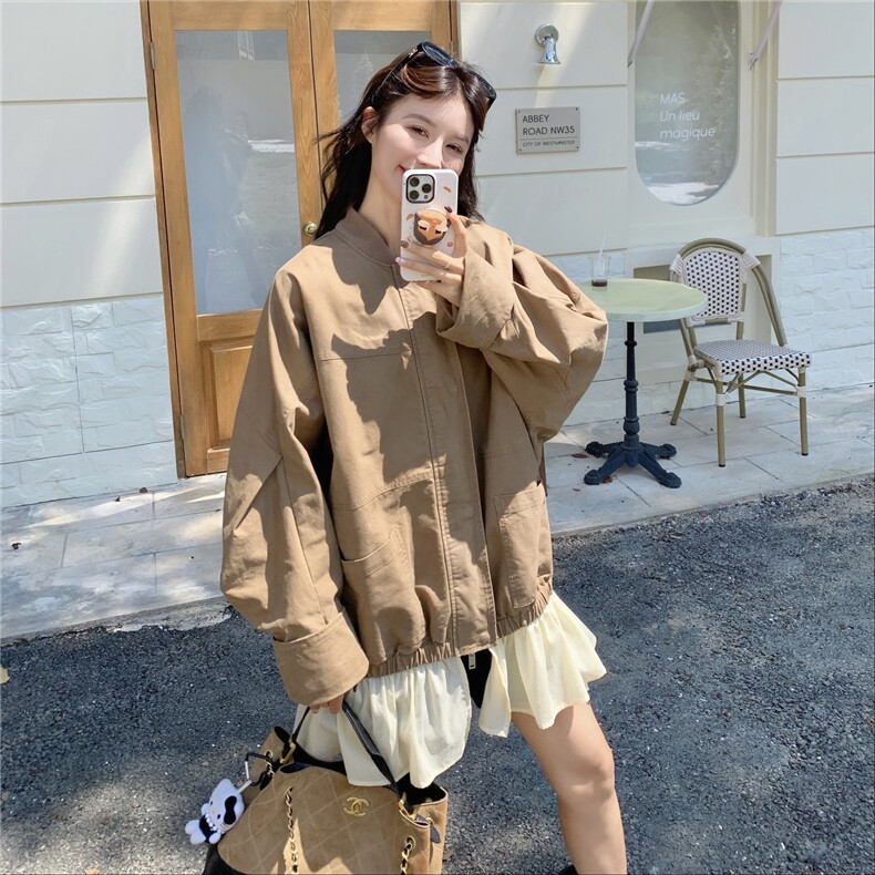 秋款棒球服领拼接不规则鱼尾下摆宽松外套2C050-1290-P170-K268,女装短外套,2C050