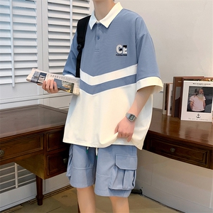 2023夏上新撞色拼接半袖套装刺绣印花Polo衫男女 6628-P70控价98图片