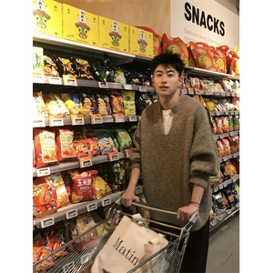 濮院针织燕麦毛衣V领亨利领毛衣宽松慵懒男美式针织衫LF92 P75图片