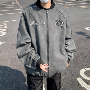 2024新款秋潮美式复古宽松刺绣水洗皮衣夹克男女现货 W8349-P74图片