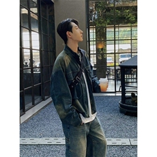 新款春秋美式复古水洗牛仔衣短外套男潮牌棒球服工装夹克，男装夹克，星座506A