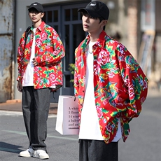 C203秋长袖男士宽松东北大花港风衬衣外套民族特色表演出新中式潮，男装民族服装，星座115A(原星座507）