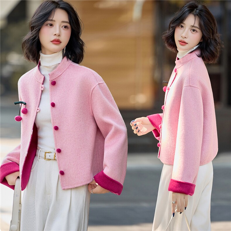 温柔风减龄绵羊毛双面呢外套女2025秋冬新款撞色气质短款毛呢大衣，女装双面呢大衣，美沁
