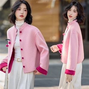 温柔风减龄绵羊毛双面呢外套女2025秋冬新款撞色气质短款毛呢大衣,女装双面呢大衣,美沁