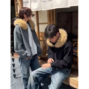 现货韩系慵懒风高级感毛领毛衣连帽针织衫外套H25-特P60