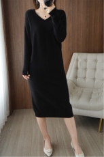 优雅气质长款连衣裙女秋冬新款简约V领修身显瘦针织毛衣裙，女装连衣裙，琳华羊绒