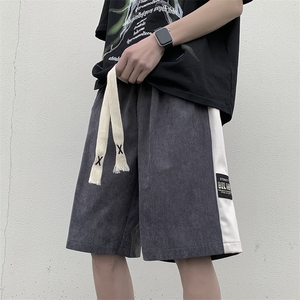 港风灯芯绒拼接运动冰丝休闲裤高街五分裤宽松直通短裤DK211 P32图片