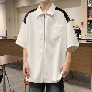 拉链短袖衬衫新款男女潮牌宽松bf风百搭拉链上衣1255 P30图片