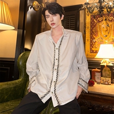 （）小众重工小香风镶边袖口铁链立领男抗皱衬衫5006-P108，男装衬衫，星座910-5
