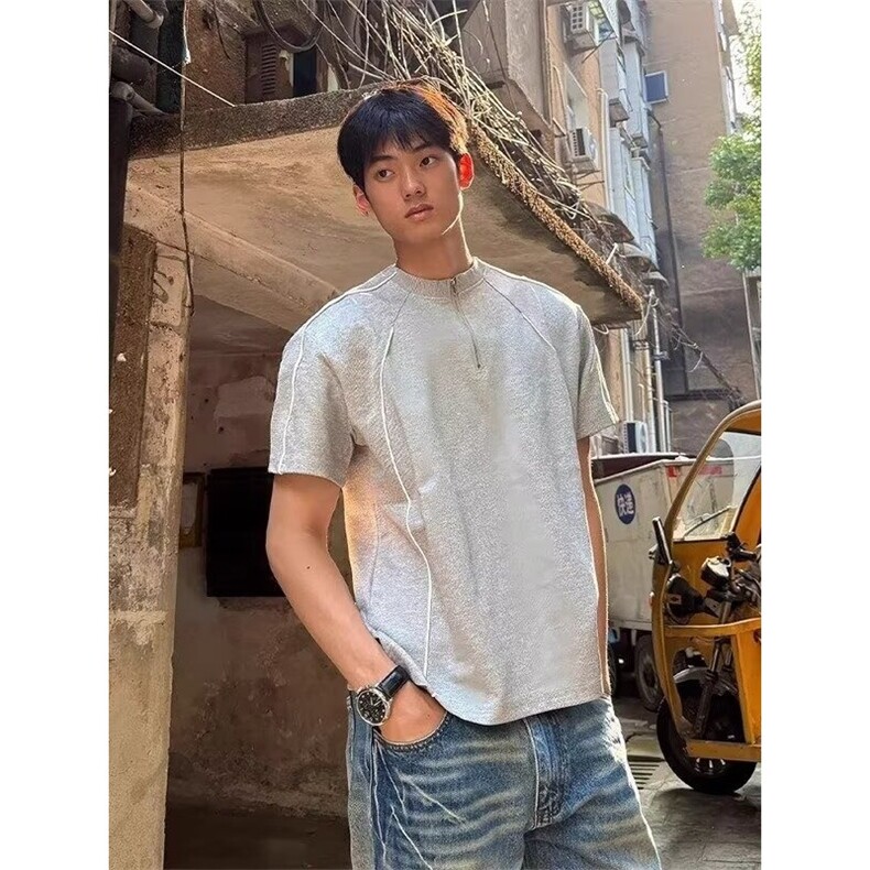 美式高街明辑线半拉链短袖T恤男夏季小众痞帅潮牌半袖体恤,男装T恤,星座506A