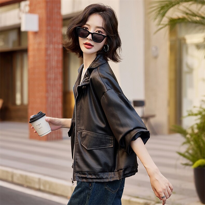 黑色复古仿pu皮夹克宽松休闲飞机服休闲帅气美式外套,女装短外套,梦懿尔