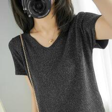 冰丝针织衫女短袖亮丝v领女薄款宽松打底衫时尚上衣2021夏季新款，女装针织衫/毛衣，鄂维那特