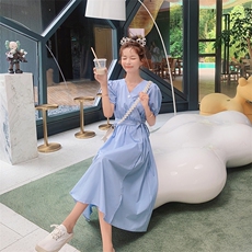 档口现货，助力618法式连衣裙襟系带过膝长裙895-p85k138，女装连衣裙，Mushroom