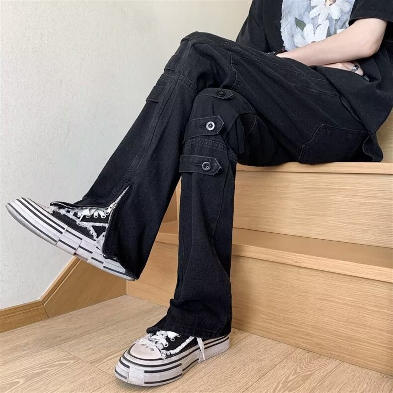 欧美高街vibe裤子男潮牌绑带设计感微喇牛仔裤拉链开叉工装直筒裤,男装牛仔裤,星座410-7