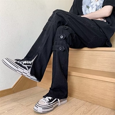 欧美高街vibe裤子男潮牌绑带设计感微喇牛仔裤拉链开叉工装直筒裤，男装牛仔裤，星座410-7