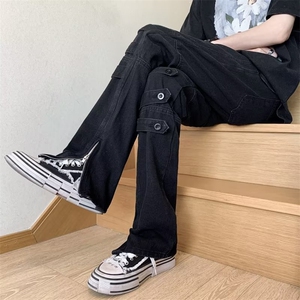 欧美高街vibe裤子男潮牌绑带设计感微喇牛仔裤拉链开叉工装直筒裤图片