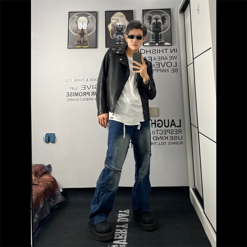 美式vibe复古铆钉牛仔裤男款高街潮牌直筒阔腿帅气KX201-P55图片