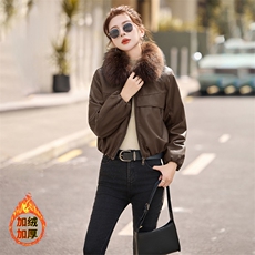安可拉红加绒加厚短款皮衣外套女款2024冬季新款真毛领皮棉服夹克，女装皮衣，美拉德工厂直营店