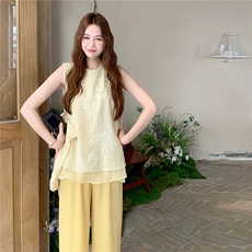 新中式国风印花背心阔腿裤套装女2025夏季新款温柔风小个子两件套，女装套装/套裙，2C232