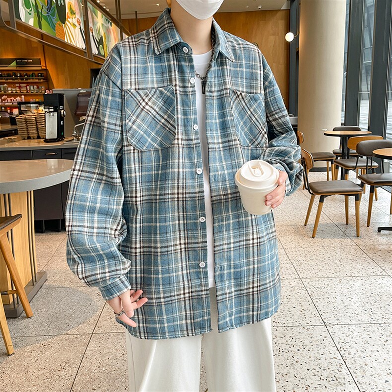 美式复古格子衬衫男春季情侣宽松百搭慵懒风长袖衬衣C0393-P40,男装衬衫,星座308B-2