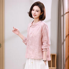 优雅刺绣苎麻圆领小衫春季新款女装长袖衬衫修身显瘦百搭上衣，女装衬衫，希欧阁