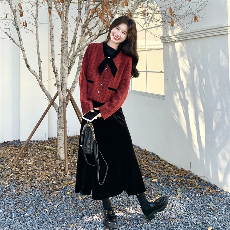 小香风拼接时尚外套半身裙两件套女冬2025新款设计ootd穿搭套装潮,女装套装/套裙,2C032