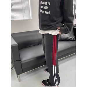 美式高街条纹牛仔裤男女春秋设计感休闲直筒阔腿长裤潮LA0788-P45图片