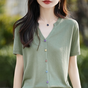 夏季新款彩扣冰丝短袖开衫女纯色宽松薄款t恤衫气质V领半袖上衣女图片