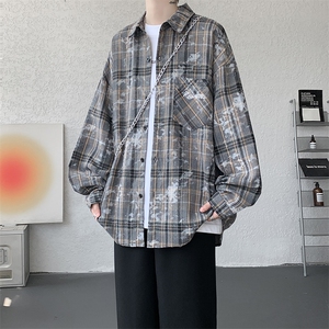 衬衫男春季新款港风宽松大码格子扎染刺绣长袖衬衣CS3016-P38图片