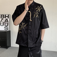夏季新中式风竹叶冰丝手工盘扣大码男女刺绣短袖唐装上衣汉服，男装T恤，星座909