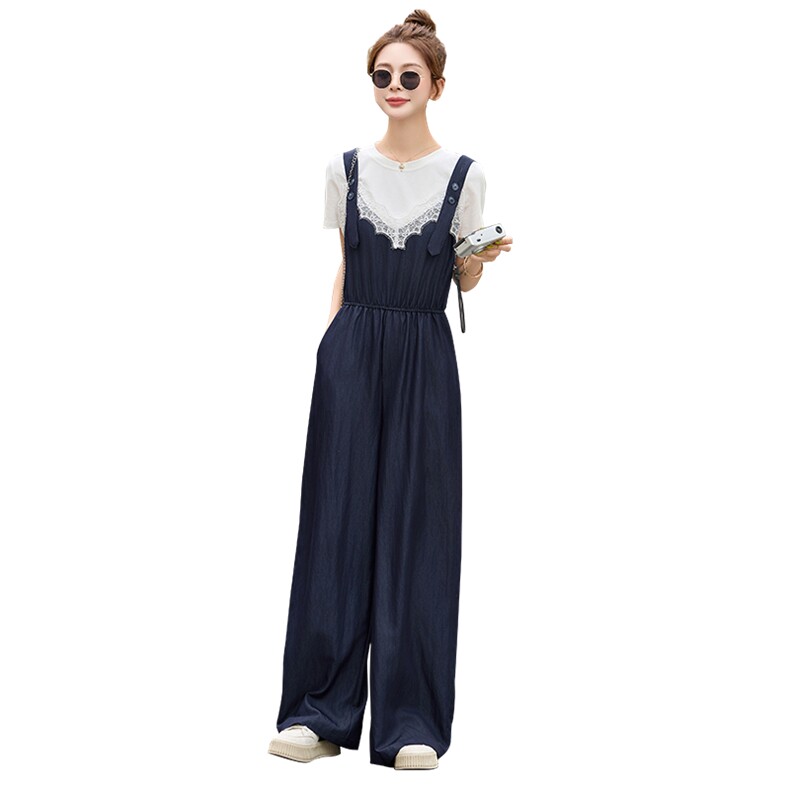 时尚蕾丝拼接背带裤套装女2025夏季洋气减龄短袖T恤阔腿裤两件套,女装套装/套裙,衣佳和