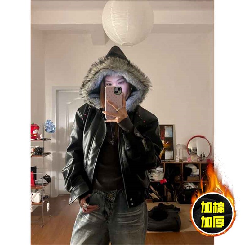 现货冬季美式潮牌痞帅PU皮机车服棉衣毛毛绒狼王座山雕皮棉服,男装棉衣,电商A486-1