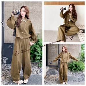 绿色时尚甜酷风套装裤女2025年秋季日系简约绣花外套阔腿裤两件套图片