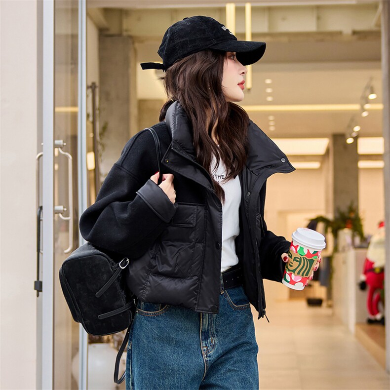 立领毛呢拼接白鸭绒羽绒服女2025冬季时尚短外套大翻领,女装羽绒服,梦懿尔