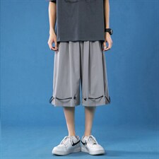 K160P45蓝底冰丝港风休闲凉爽宽松七分裤纯色学生百搭抽绳夏装，男装休闲裤，电商A050