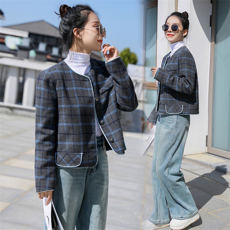 2024年秋冬季新款法式复古小香风气质蓝灰格纹短外套小个子,女装毛呢外套,曼娅璐