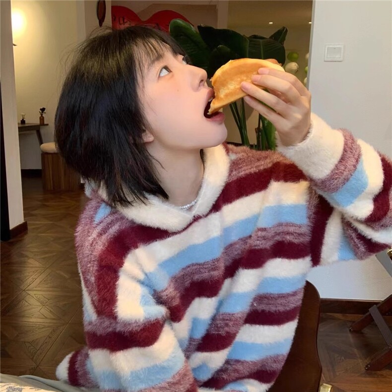 网图美式蓝白条纹连帽毛衣慵懒风撞色情侣针织衫A025-GM19811-P65,男装针织衫/毛衣,电商A025