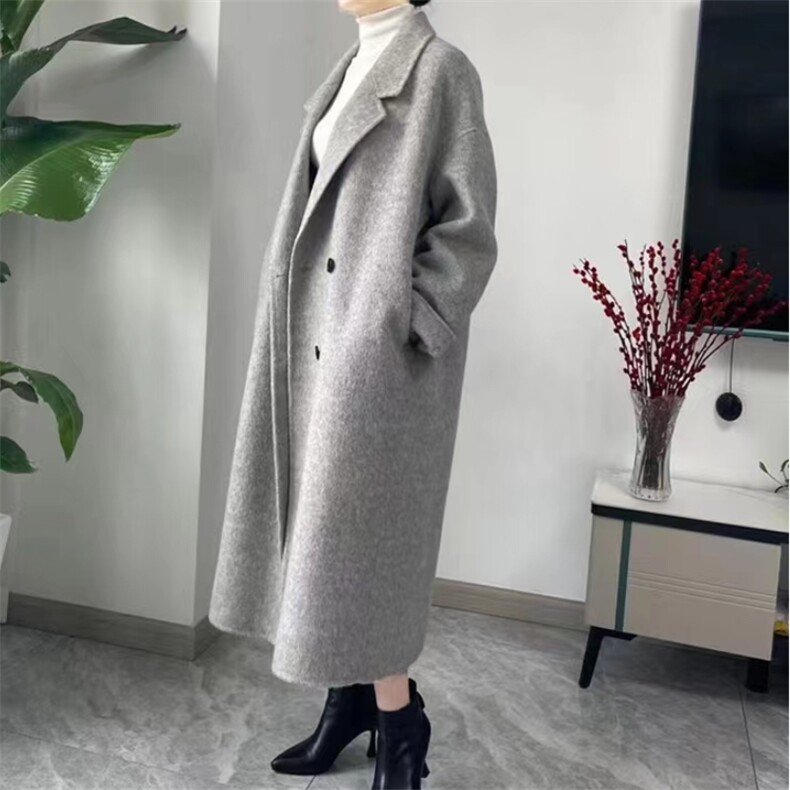秋冬新款宽松双面呢大衣毛呢外套灰色高级感气质，女装双面呢大衣，美吧服饰