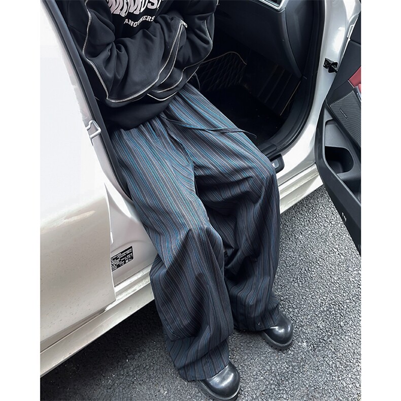 美式复古条纹弯刀阔腿裤潮牌宽松休闲设计感拖地裤,男装休闲裤,星座410-6（原星座1304-1）