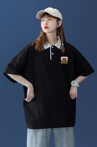 2026夏季新款中性宽松个性polo拼色翻领短袖T恤 女PL6101 P35控48图片