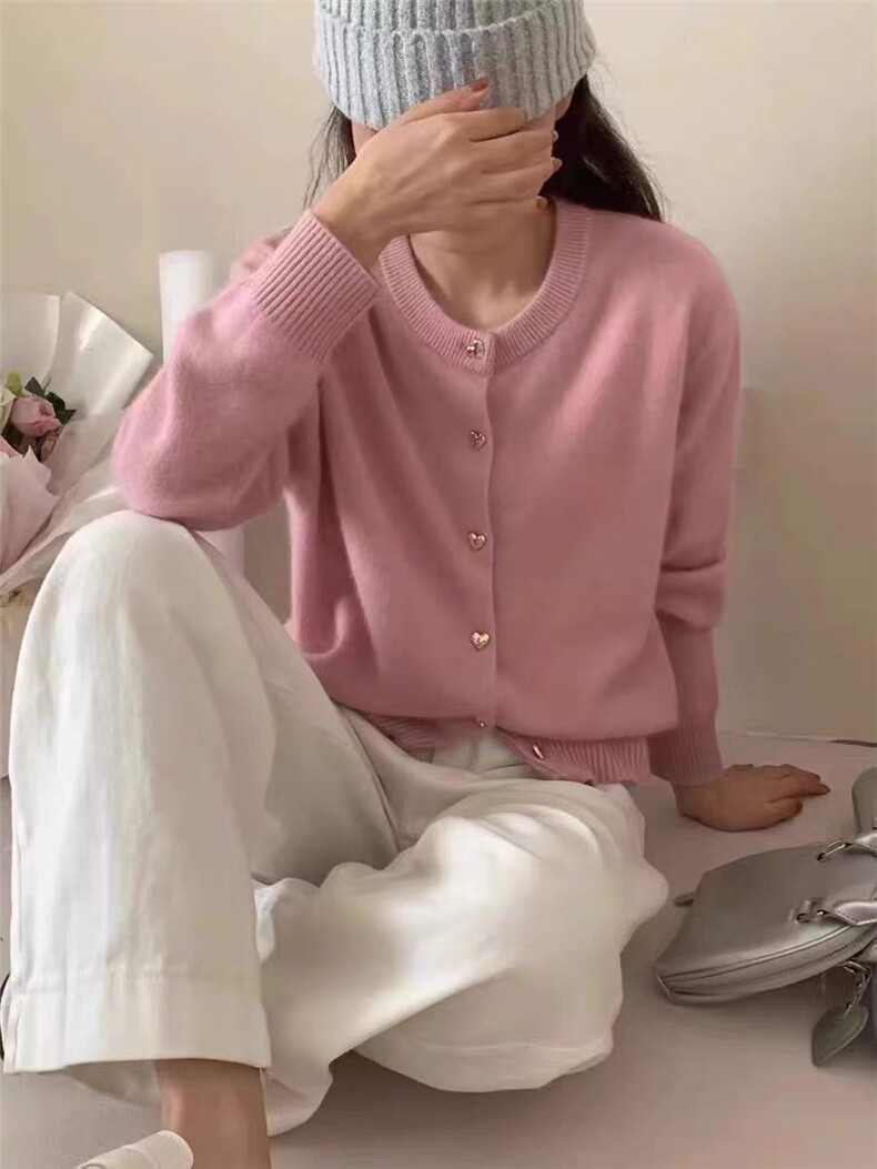 糖果色圆领羊毛针织开衫女爱心扣毛衣外套秋冬宽松显瘦百搭针织衫,针织衫/毛衣,恒恩羊绒