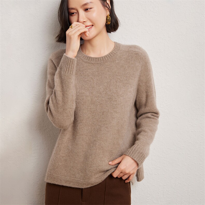 时尚百搭女圆领套衫优雅显瘦下摆开叉设计品质10%材质,女装羊绒衫,臻维羊绒